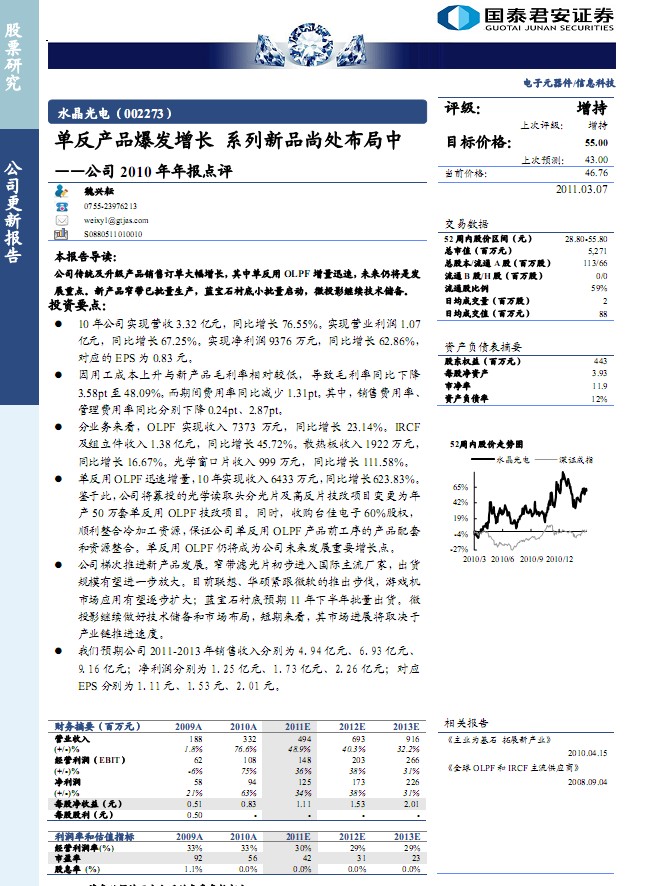 水晶光電(002273)2010年年報(bào)點(diǎn)評(píng):?jiǎn)畏串a(chǎn)品爆發(fā)增長(zhǎng)