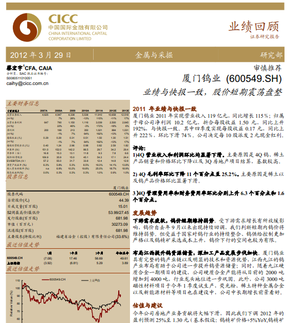 廈門鎢業(yè)-600549-業(yè)績與快報(bào)一致,股價短期震蕩盤整