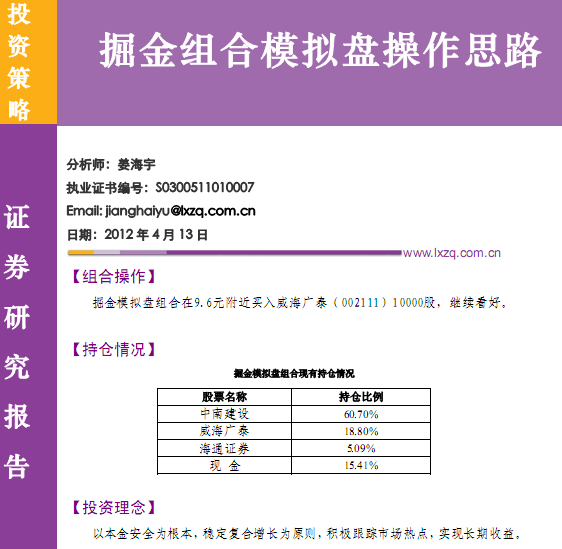 研究報(bào)告:聯(lián)訊證券-掘金組合模擬盤(pán)操作思路(2)