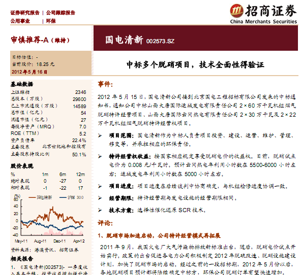 國電清新-002573-中標多個脫硝項目,技術全面性得驗證